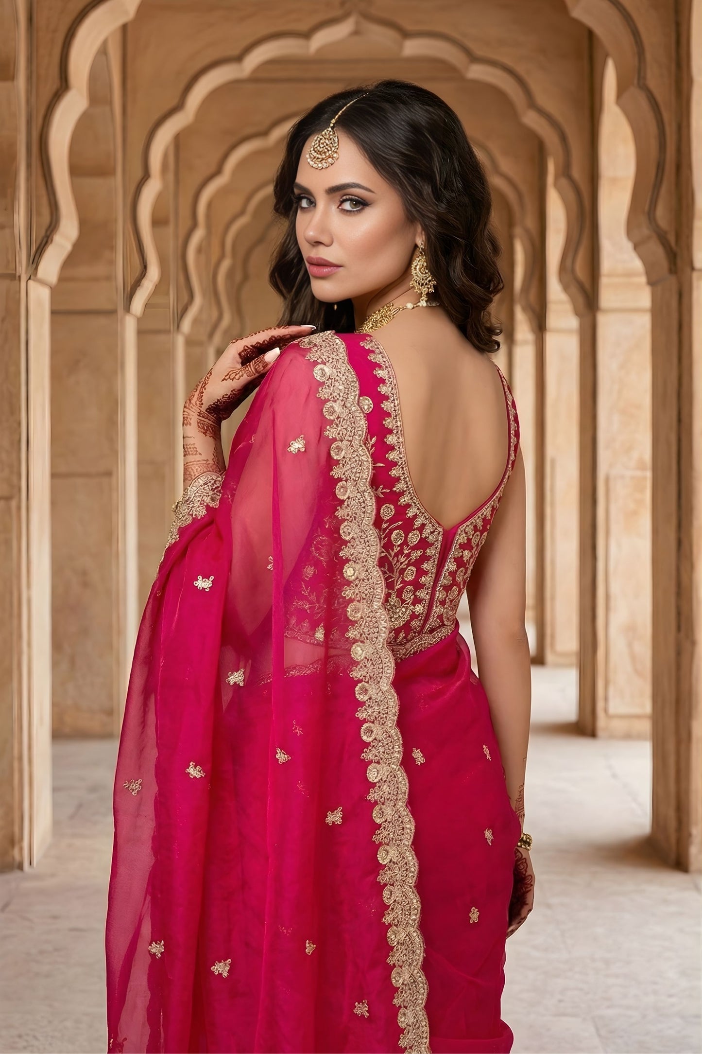 Rani Pink Organza Saree Golden Embroidered Border Designer Blouse
