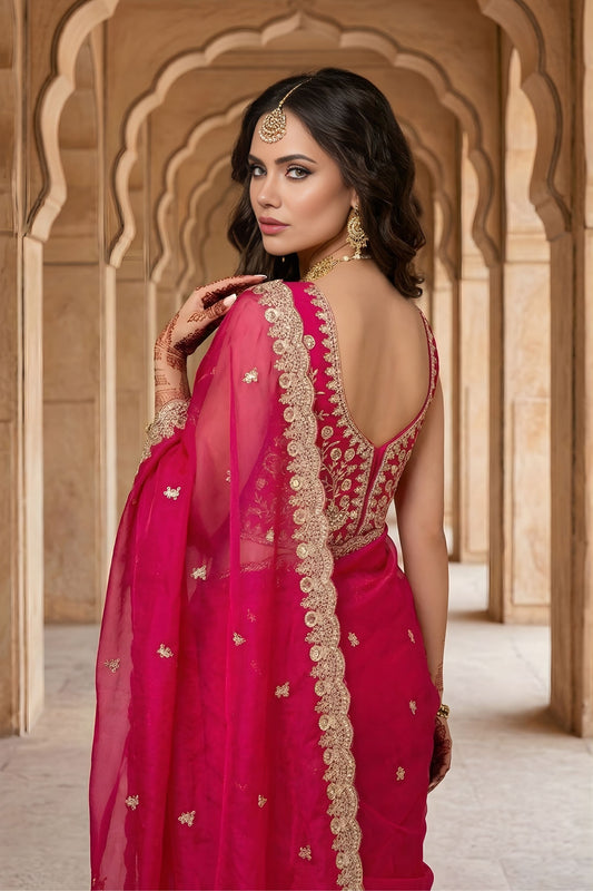 Rani Pink Organza Saree Golden Embroidered Border Designer Blouse