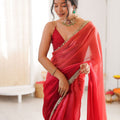 Red Organza Silk Saree with Designer Gold Lace Border Matching Blouse