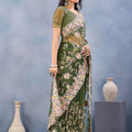 Olive Green Floral Embroidered Net Saree with Designer Border