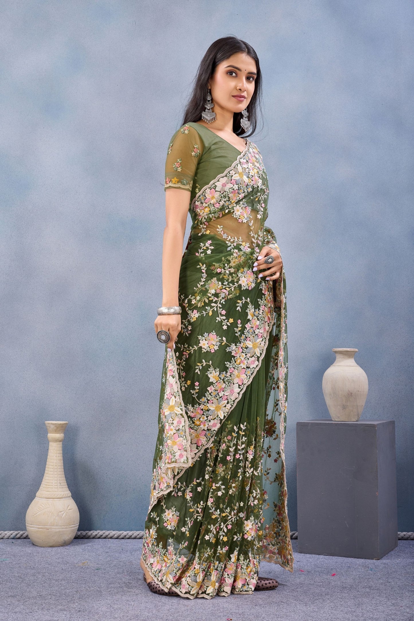 Olive Green Floral Embroidered Net Saree with Designer Border