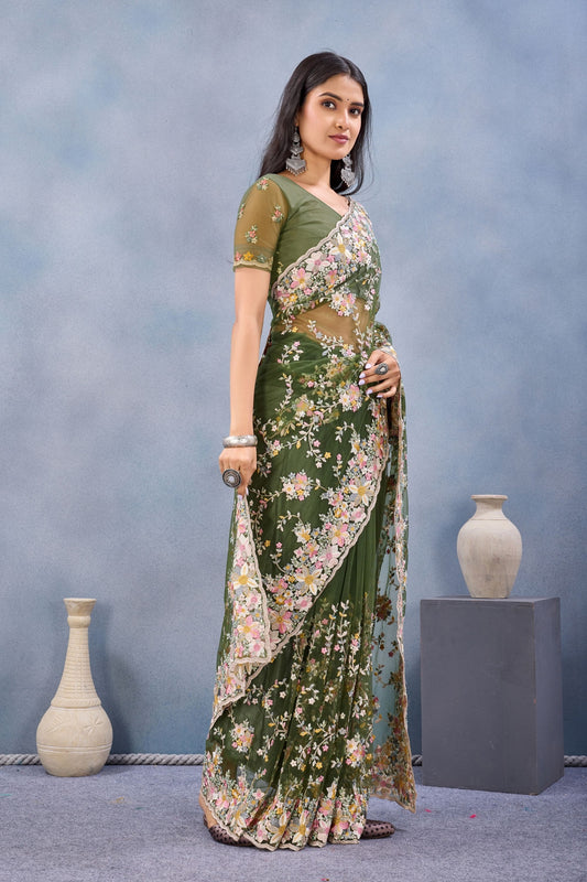 Olive Green Floral Embroidered Net Saree with Designer Border