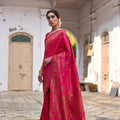 Rani Pink Silk Saree with Gold Paisley Border Floral Weaving Border