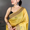 Mustard Yellow Linen Cotton Saree Floral Print Pallu