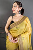 Mustard Yellow Linen Cotton Saree Floral Print Pallu