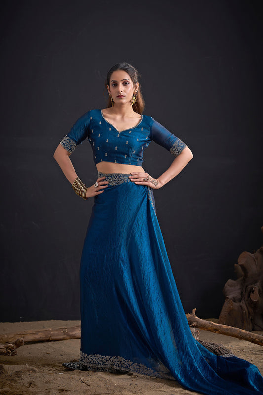 Teal Blue Silk Saree Designer Embroidered Border Party Wear Saree