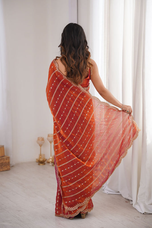 Luxury Rust Orange Organza Silk Saree Golden Zari Embroidery Designer Blouse