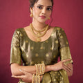 Olive Gold Banarasi Silk Saree Rich Golden Zari Weaving Blouse
