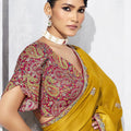 Designer Mustard Yellow Silk Saree Border Maroon Blouse