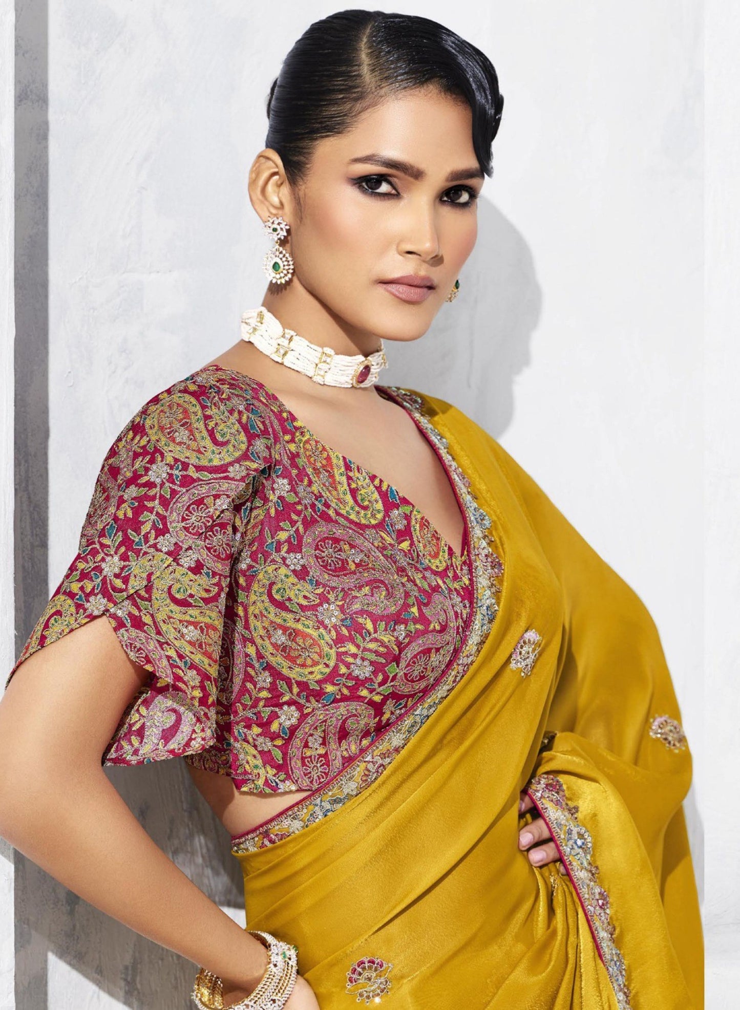 Designer Mustard Yellow Silk Saree Border Maroon Blouse
