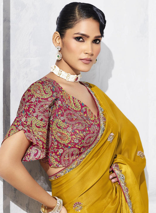 Designer Mustard Yellow Silk Saree Border Maroon Blouse