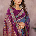 Blue Silk Saree with Wine Purple Zari Woven Border Designer Pallu