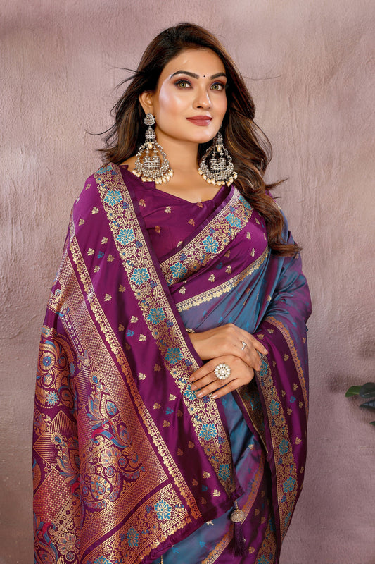 Blue Silk Saree with Wine Purple Zari Woven Border Designer Pallu
