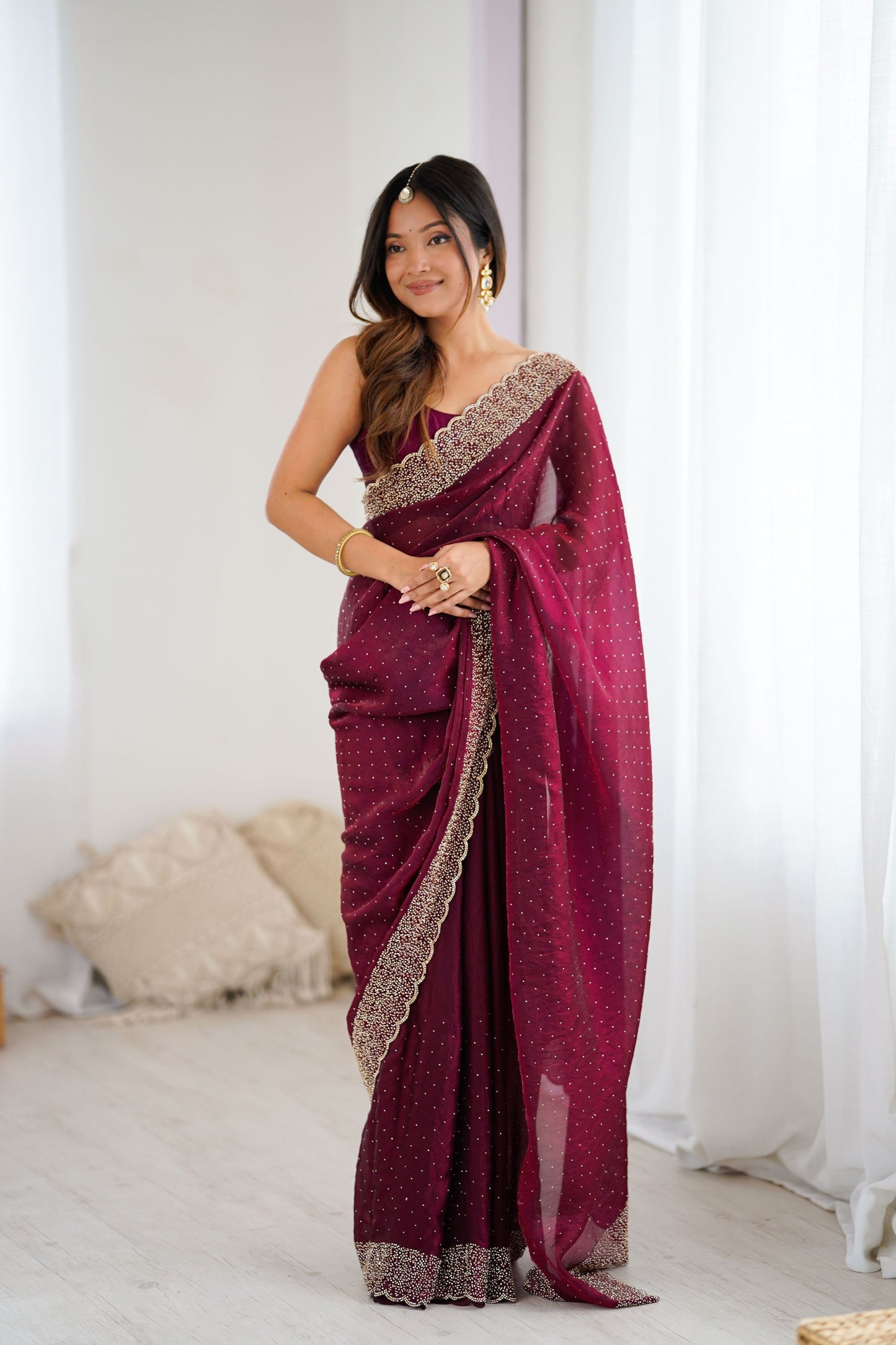 Maroon Party Wear Georgette Saree with Embroidered Border