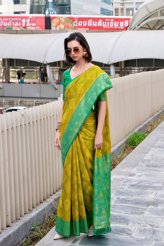 Elegant Yellow Green Banarasi Silk Saree and Designer Border