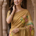 Mustard Printed Linen Silk Saree with Floral Design