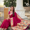 Rani Pink Floral Woven Linen Silk Saree Designer Peacock Border