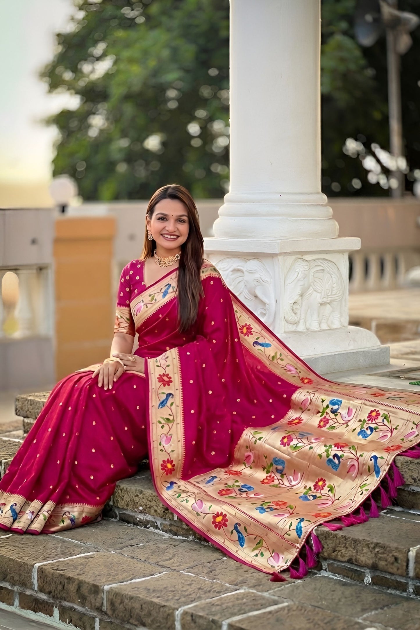 Rani Pink Floral Woven Linen Silk Saree Designer Peacock Border