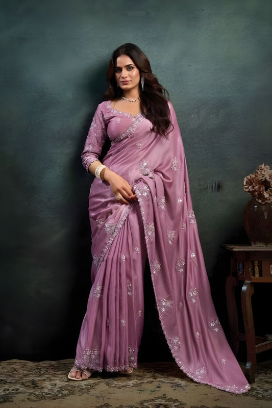 Dusty Pink Satin Silk Saree with Silver Designer Embellished Blouse