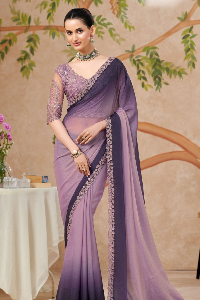 Lavender Designer Saree with Embroidered Border Matching Blouse