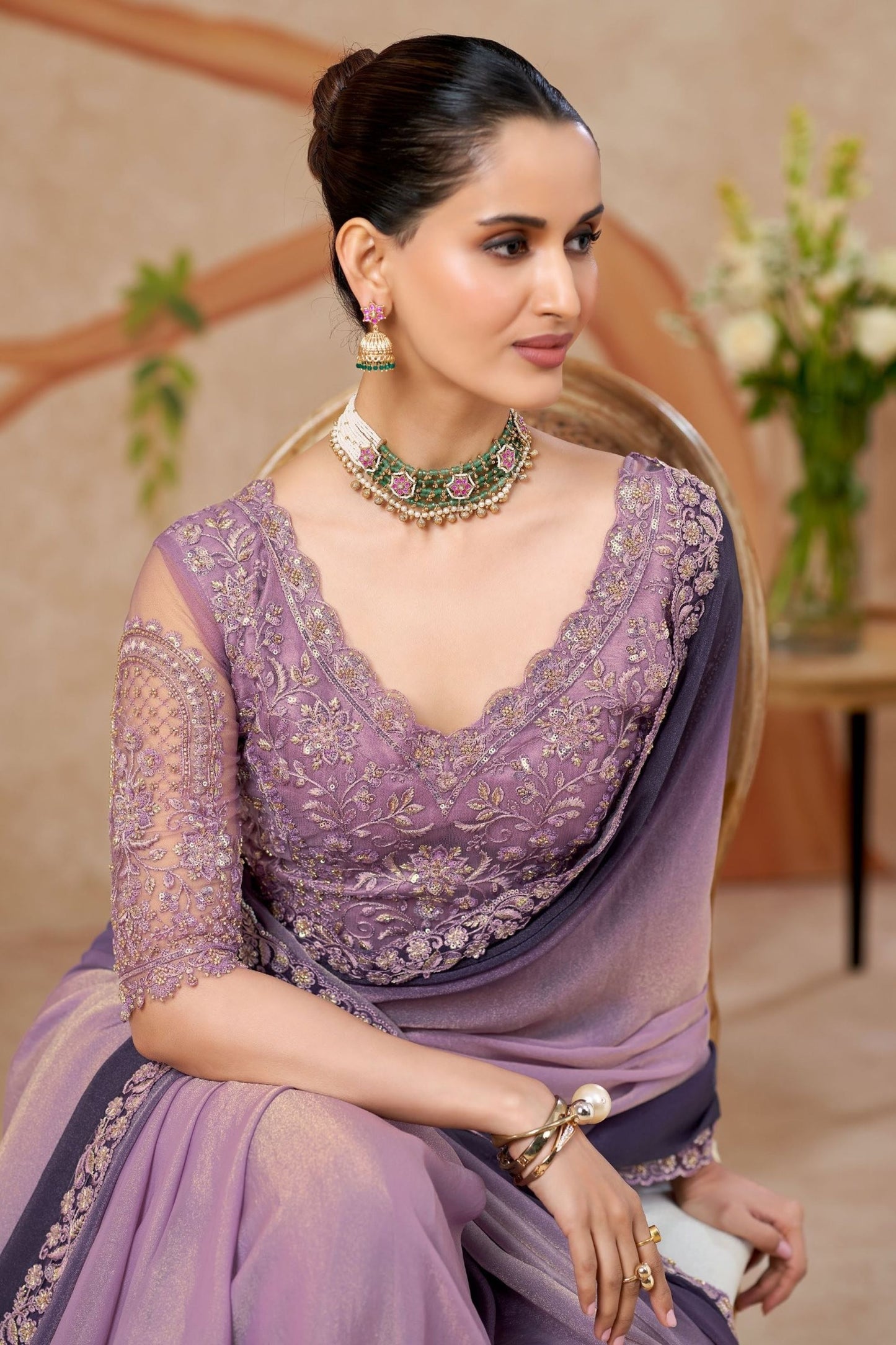Lavender Designer Saree with Embroidered Border Matching Blouse