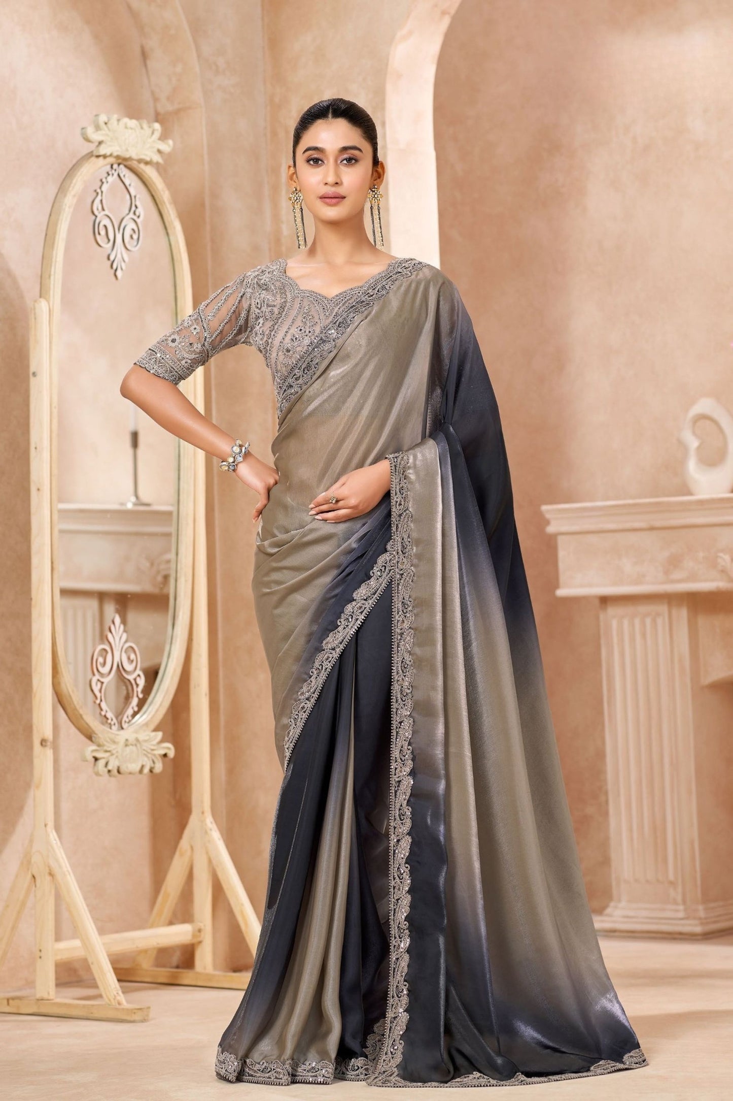 Grey to Black Designer Saree with Heavy Embroidered Border Blouse 