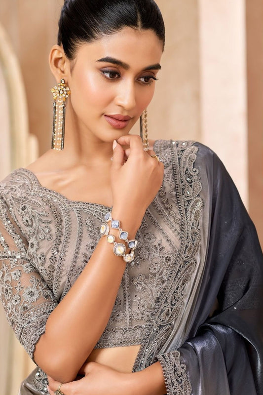 Grey to Black Designer Saree with Heavy Embroidered Border Blouse