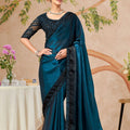 Teal Blue Designer Saree with Black Embroidered Border Matching Blouse 
