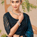 Teal Blue Designer Saree with Black Embroidered Border Matching Blouse