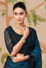 Teal Blue Designer Saree with Black Embroidered Border Matching Blouse