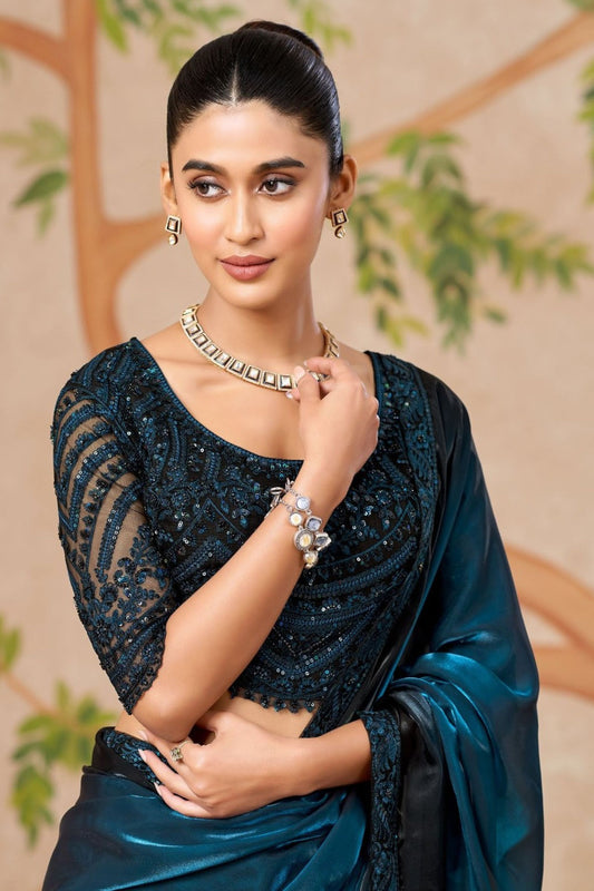 Teal Blue Designer Saree with Black Embroidered Border Matching Blouse