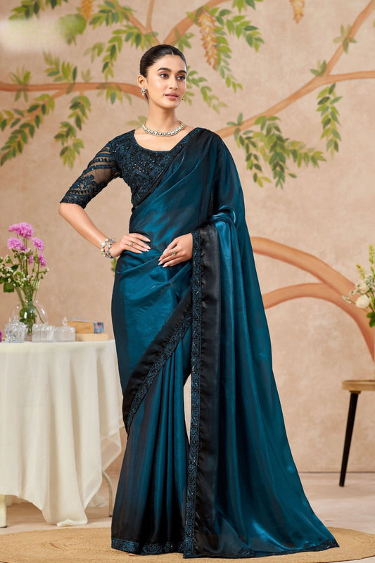Teal Blue Designer Saree with Black Embroidered Border Matching Blouse 