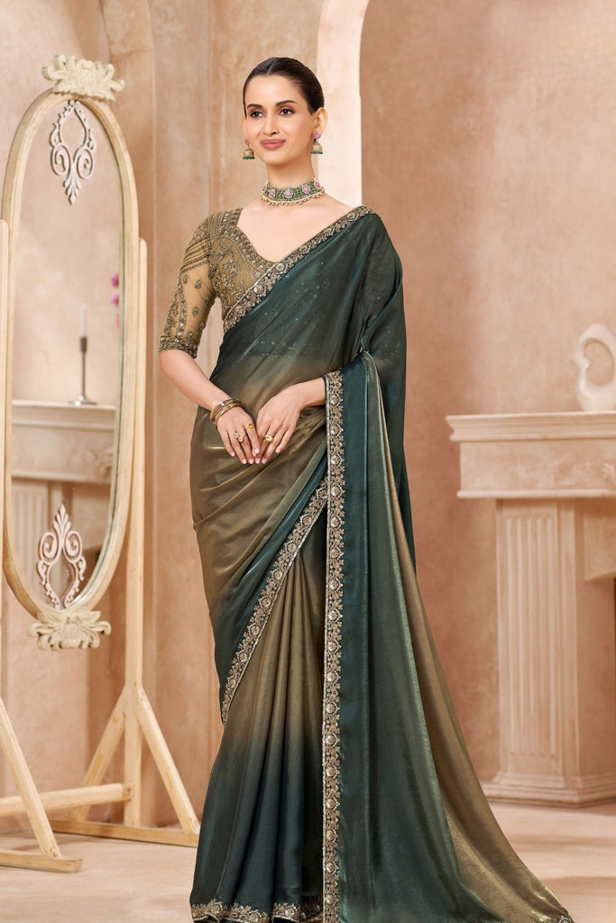 Dark Green Silk Saree with Golden Ombre Finish Heavy Embroidered Border