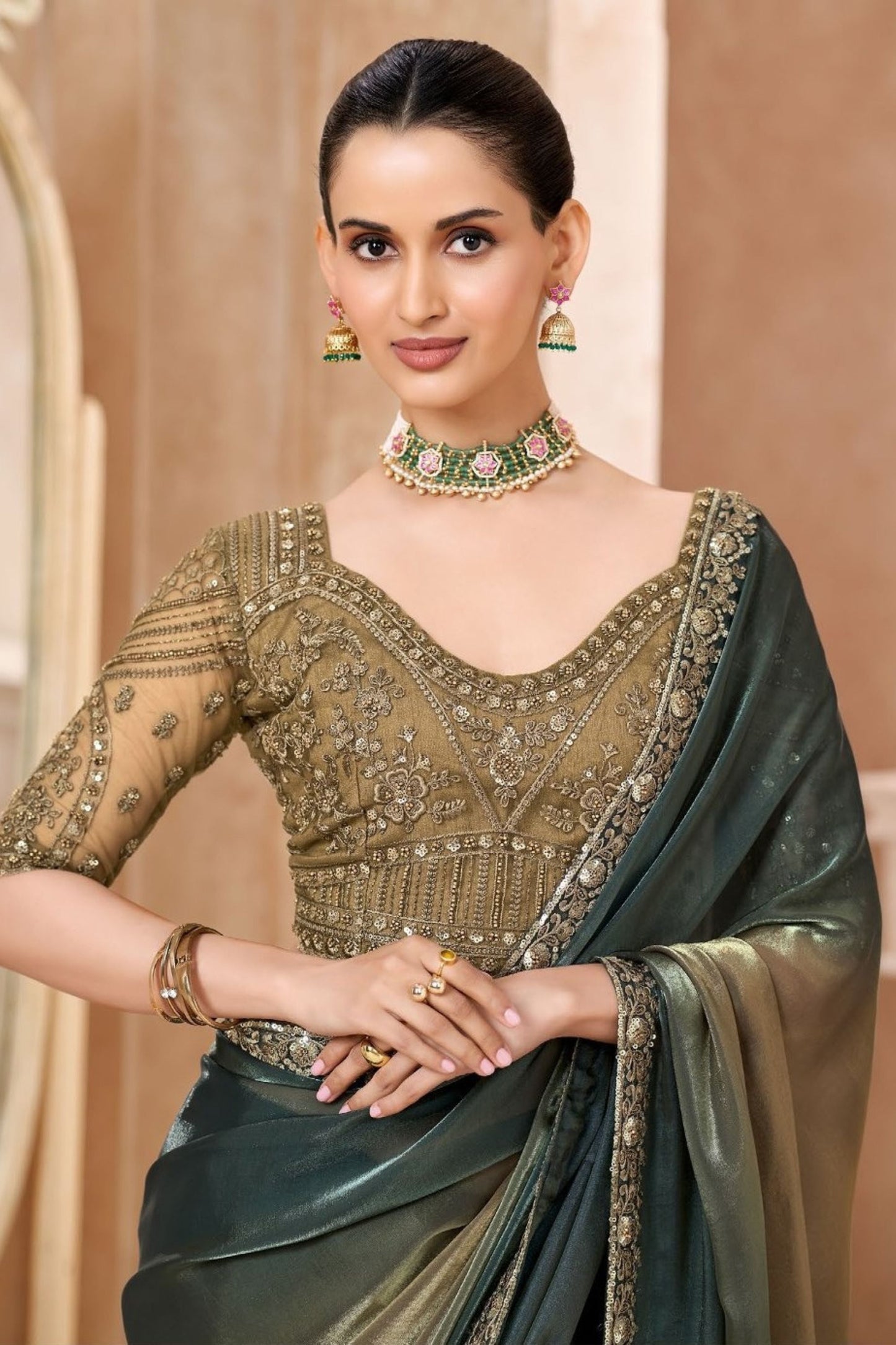 Dark Green Silk Saree with Golden Ombre Finish Heavy Embroidered Border