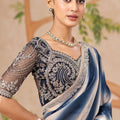 Blue Satin Silk Saree with Silver Ombre Finish Heavy Embroidered Border