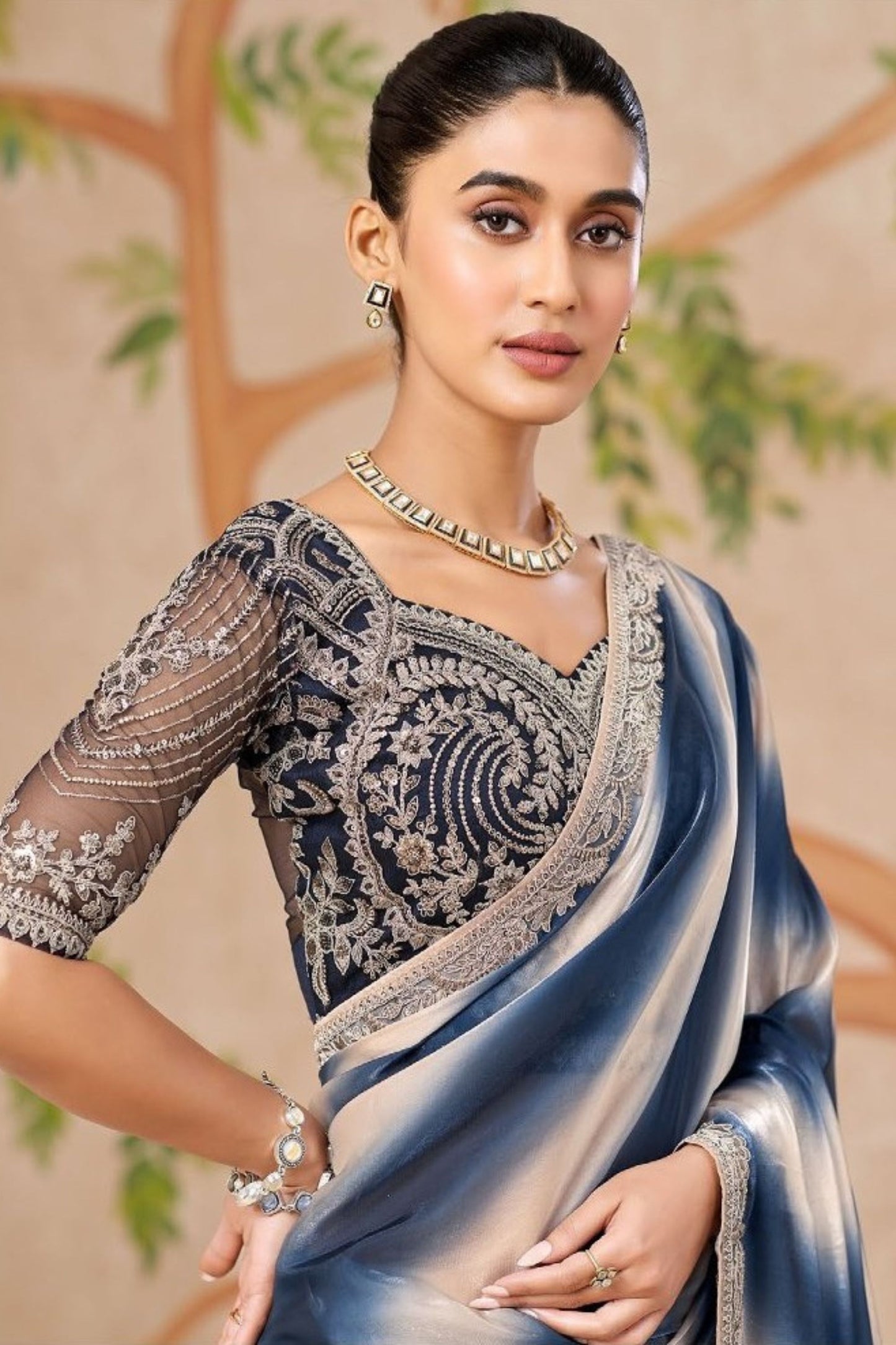 Blue Satin Silk Saree with Silver Ombre Finish Heavy Embroidered Border