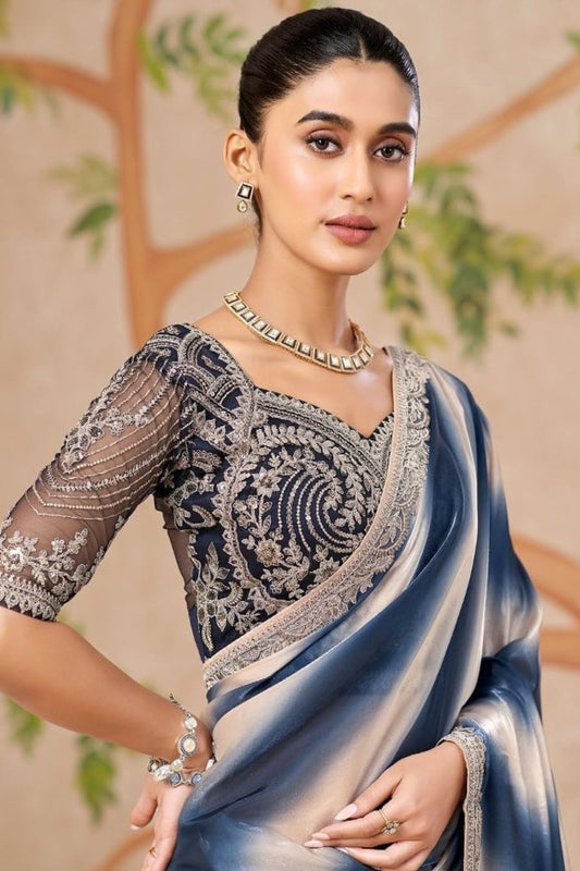 Blue Satin Silk Saree with Silver Ombre Finish Heavy Embroidered Border