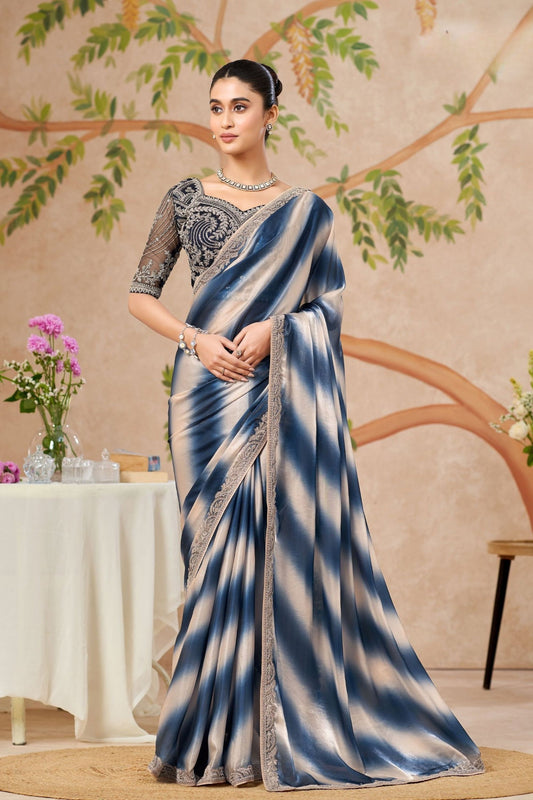 Blue Satin Silk Saree with Silver Ombre Finish Heavy Embroidered Border