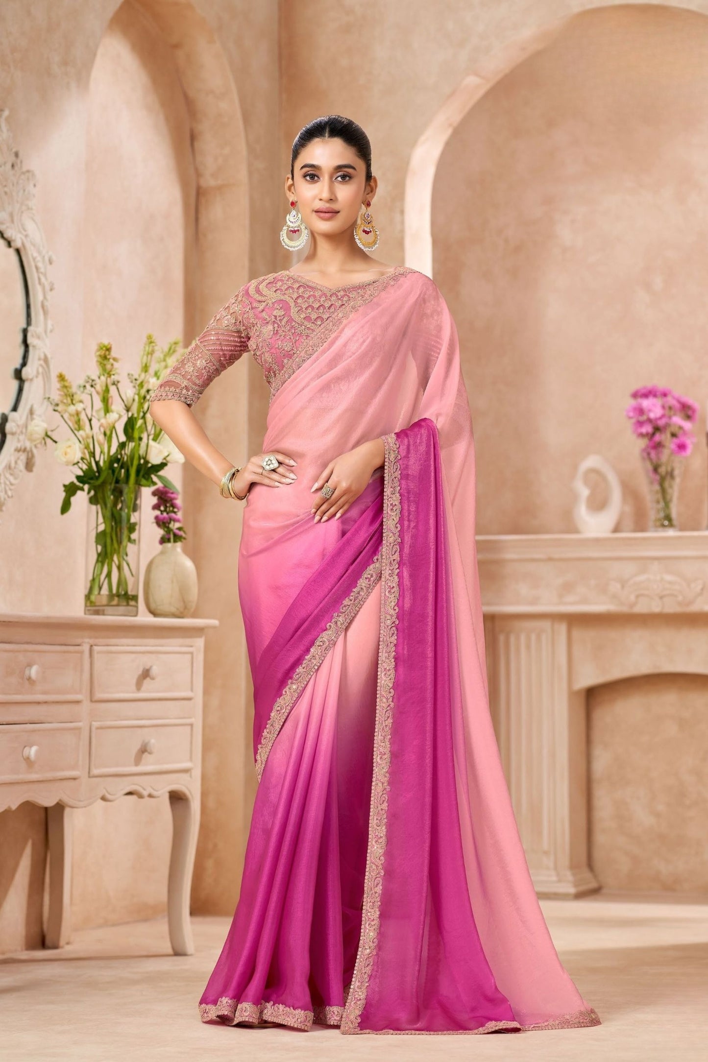 Pink Magenta Ombre Georgette Saree with Heavy Embroidered Blouse 