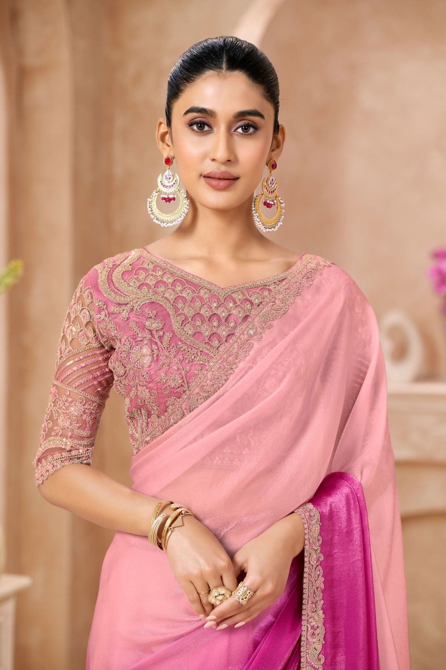 Pink Magenta Ombre Georgette Saree with Heavy Embroidered Blouse