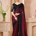  Wine Black Ombre Satin Silk Saree with Heavy Embroidered Blouse 