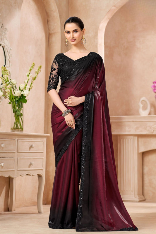  Wine Black Ombre Satin Silk Saree with Heavy Embroidered Blouse 