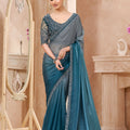  Teal Blue Satin Silk Saree with Heavy Embroidered Blouse Border 