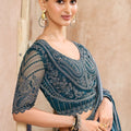 Teal Blue Satin Silk Saree with Heavy Embroidered Blouse Border