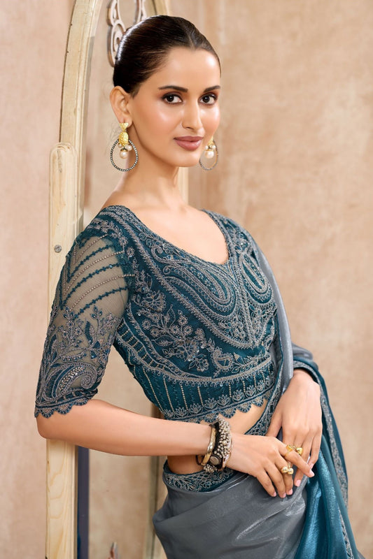 Teal Blue Satin Silk Saree with Heavy Embroidered Blouse Border