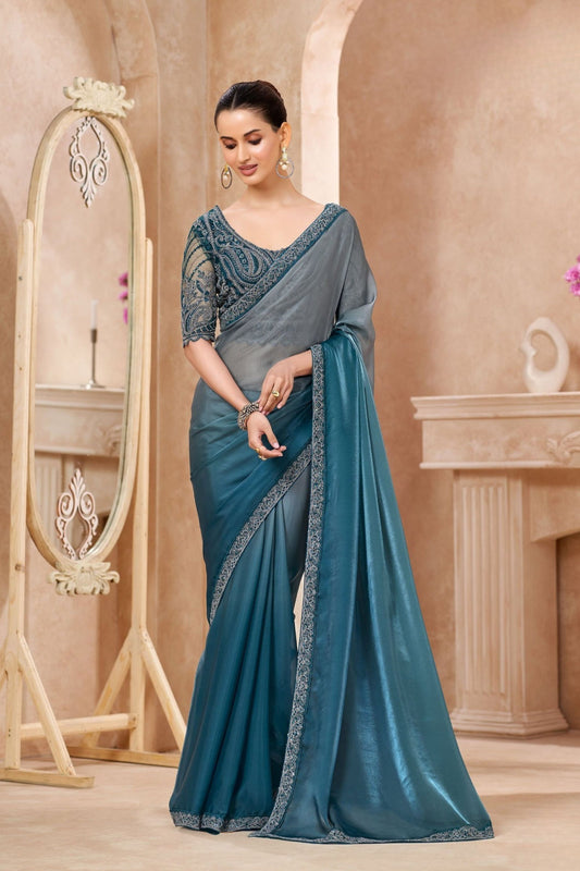  Teal Blue Satin Silk Saree with Heavy Embroidered Blouse Border 