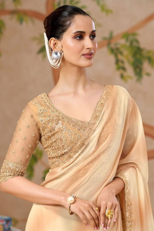 Gold Satin Silk Saree with Heavy Embroidered Blouse Border