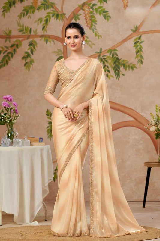 Gold Satin Silk Saree with Heavy Embroidered Blouse Border 