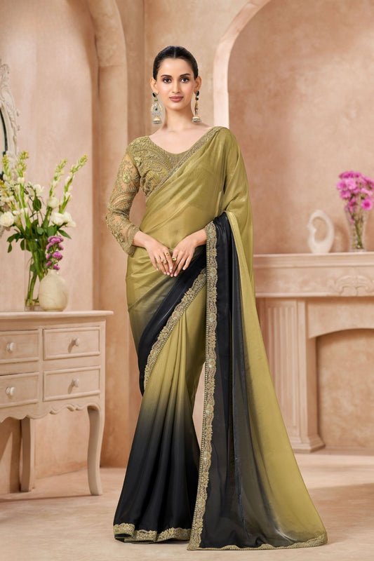 Olive Green Black Satin Silk Saree with Heavy Embroidered Blouse Border