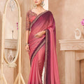 Wine Pink Satin Silk Saree Heavy Embroidered Blouse Designer Border